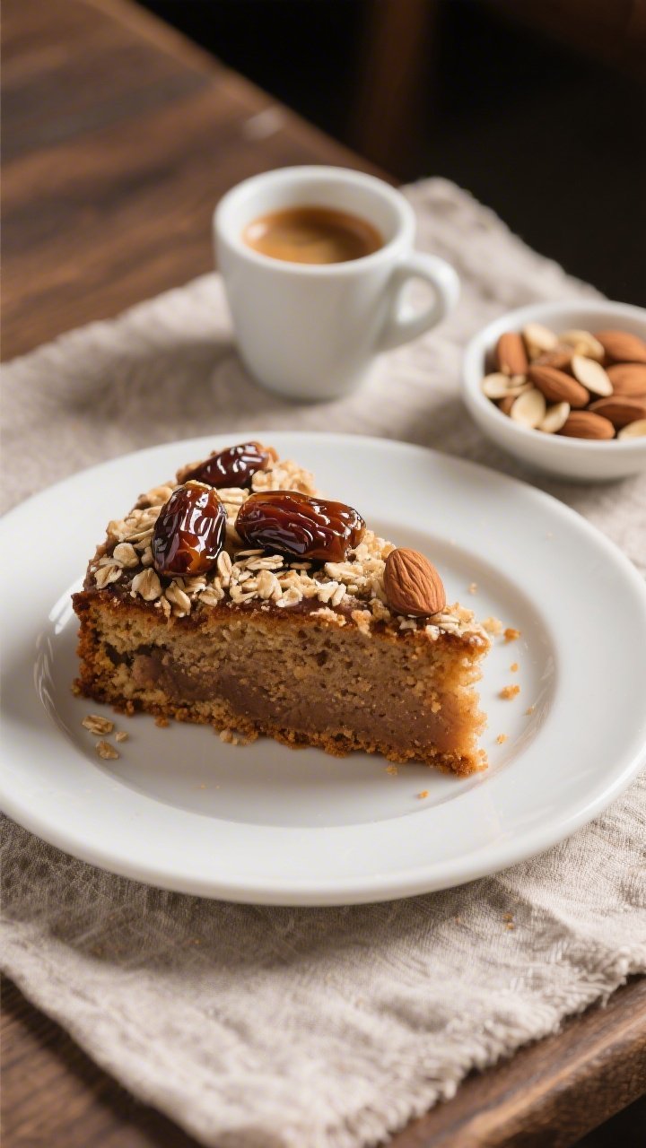 Straight-on plated slice of almond date espresso cake with a rustic oat streusel on top, sticky chopped Medjool dates visible in the moist interior; a demitasse cup of espresso and a small dish of chopped almonds beside the plate; subtle coffee glaze sheen, warm brown tones, soft crumb highlighted; set on a textured linen with cozy café mood.