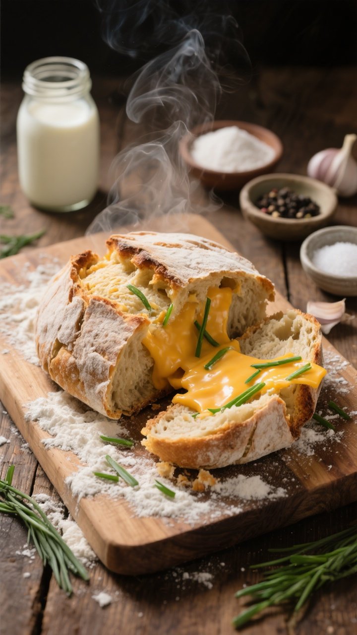 Straight-on rustic scene of cheddar chive sourdough discard soda bread torn open, steam visible, showing melted cheddar pockets and vibrant chive ribbons; dusting of flour on a wooden board, a buttermilk jar, and small bowls of baking soda, baking powder, garlic powder, black pepper, and fine salt; savory, hearty mood with warm directional light.
