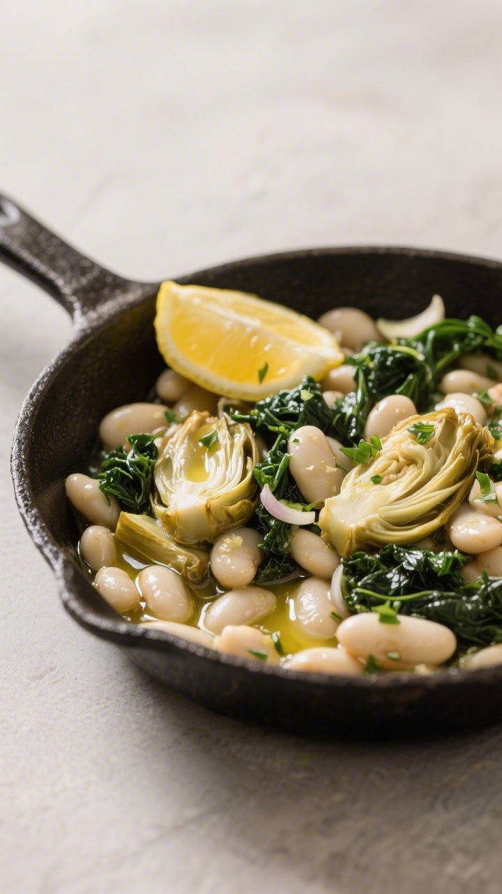 Straight-on shallow skillet: White bean and artichoke skillet—cannellini beans and marinated artichoke hearts sautéed with olive oil, sliced garlic, and minced shallot, brightened with lemon and folded with ribbons of kale. Reserved marinade drizzled for sheen, fresh herbs sprinkled. Served rustic in-pan, light Mediterranean comfort, glossy and inviting.