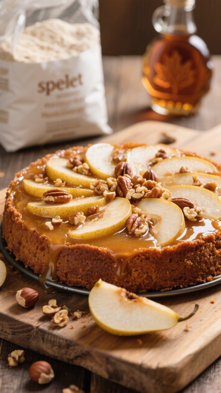Straight-on shot of a pear hazelnut upside-down cake just unmolded, glossy maple-butter caramelized pear slices fanned on top, sprinkled with chopped toasted hazelnuts; a bag of spelt flour and white whole wheat flour in the background, maple syrup bottle catching light; warm, amber tones on a rustic wood board, slices slightly separated to reveal tender crumb.