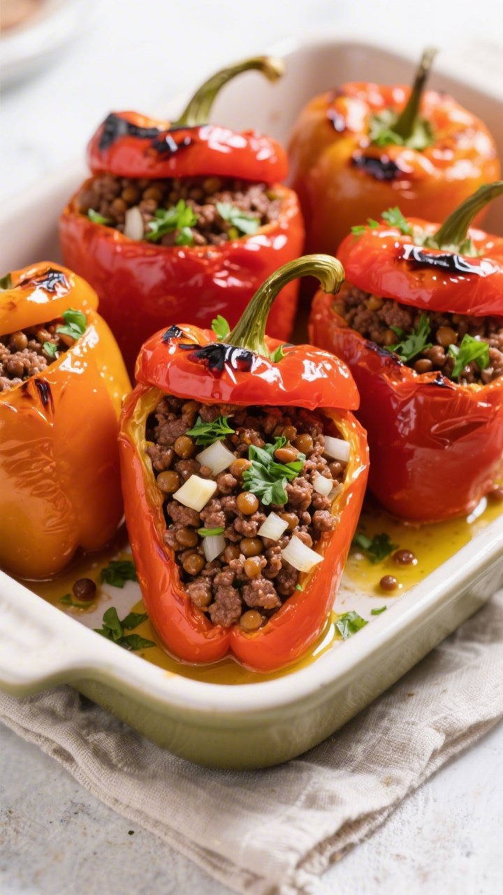 Straight-on shot of Middle Eastern beef and lentil stuffed peppers: vibrant bell peppers standing upright, filled with ground beef, tender brown lentils, diced onion, garlic, cumin, and coriander; tops set alongside, lightly charred edges, tomato-y glaze peeking; garnished with chopped parsley and a drizzle of olive oil; arranged in a ceramic baking dish on a linen, bright and inviting.