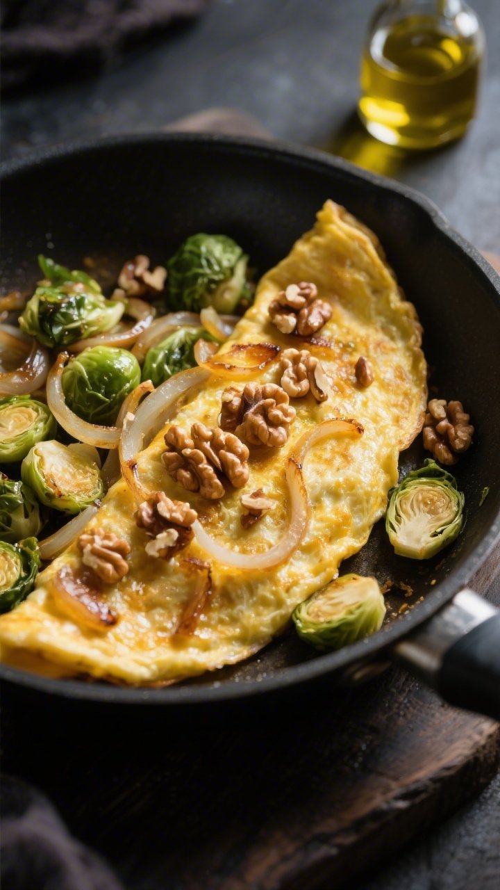 Straight-on skillet scene of a Zesty Brussels Sprout and Caramelized Onion Omelette: thinly shaved Brussels sprouts and deeply golden caramelized onions folded into eggs, topped with chopped toasted walnuts for crunch; a tiny glisten of olive oil and a hint of apple cider vinegar tang implied by a small bottle nearby; moody side light accentuating glossy onions and crisp sprouts edges.