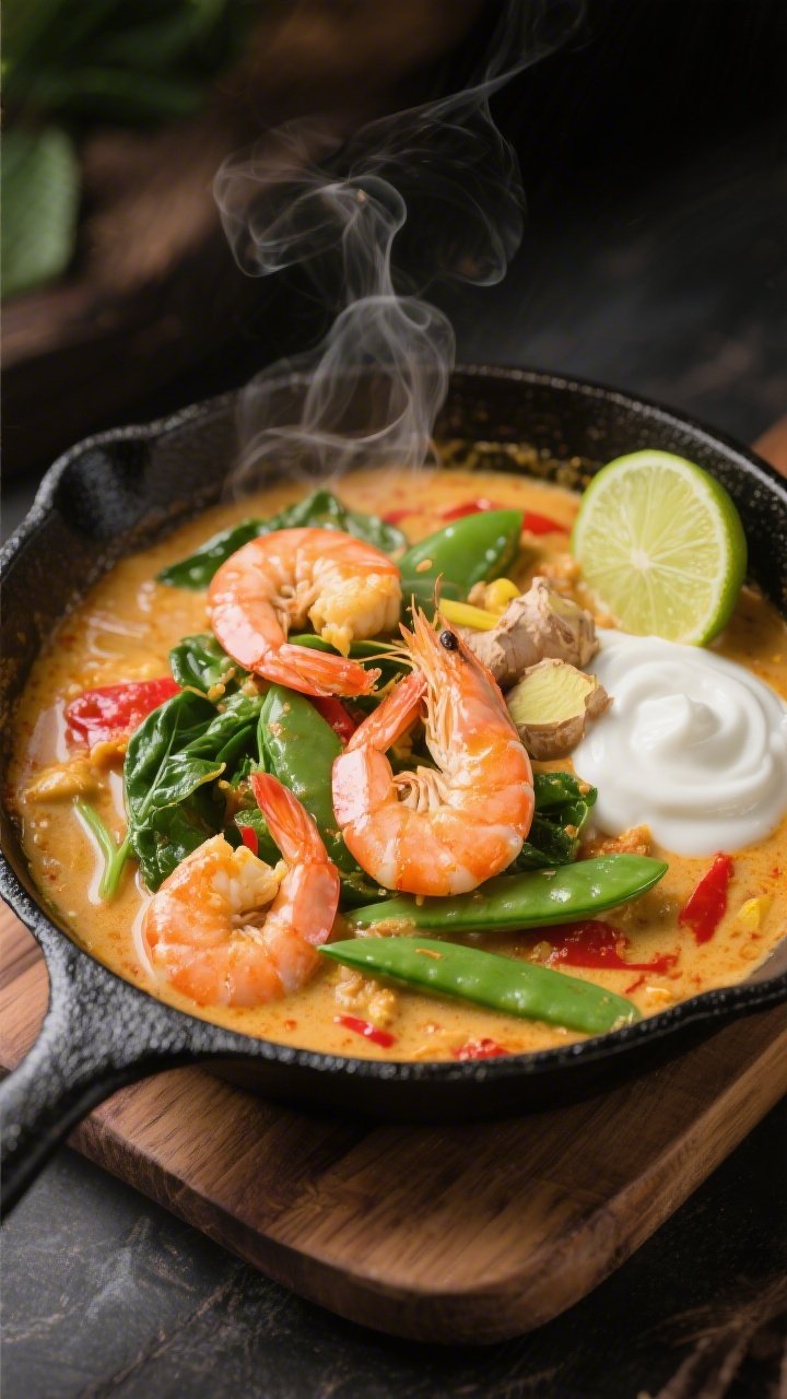 Straight-on skillet shot: Coconut-lime shrimp curry simmering in full-fat coconut milk with red/yellow curry paste and fresh ginger, studded with spinach and crisp snap peas. Plump pink shrimp glistening, lime wedges on the side, a swirl of coconut cream visible. Served in a black cast-iron skillet on a wooden board, aromatic steam rising.