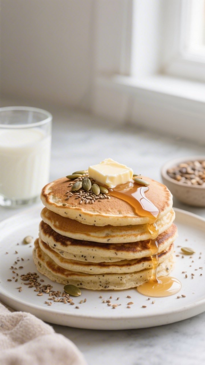 Straight-on stack of flax-boosted buttermilk pancakes on a matte white plate, cross-section showing tender crumb dotted with ground flaxseed; sunflower seeds sprinkled over the top with a pat of butter melting and maple syrup dripping down the sides; props include a glass of buttermilk and a small bowl of mixed seeds; soft morning window light, airy brunch mood.