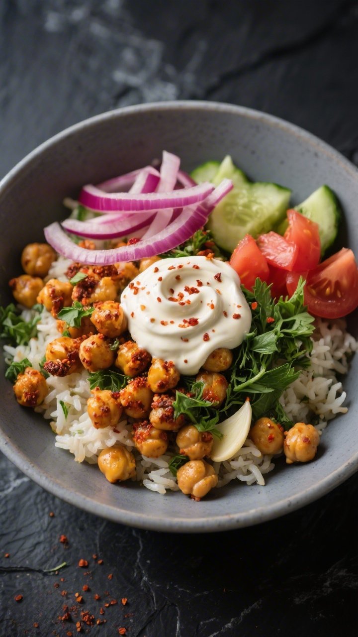 Straight-on street-food vibe: spiced chickpea shawarma bowl with deeply roasted chickpeas coated in cumin, smoked paprika, coriander, turmeric, and garlic; served over herby rice (parsley, dill, mint), with quick pickled red onions, chopped tomatoes and cucumbers, and a thick swirl of creamy garlic sauce; sprinkled with sumac, presented in a matte gray bowl against a dark slate backdrop.