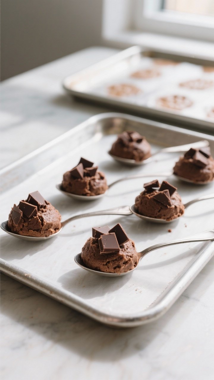 5-tablespoon mounds) just pressed with extra chocolate pieces on top, ready to go into a 350°F oven