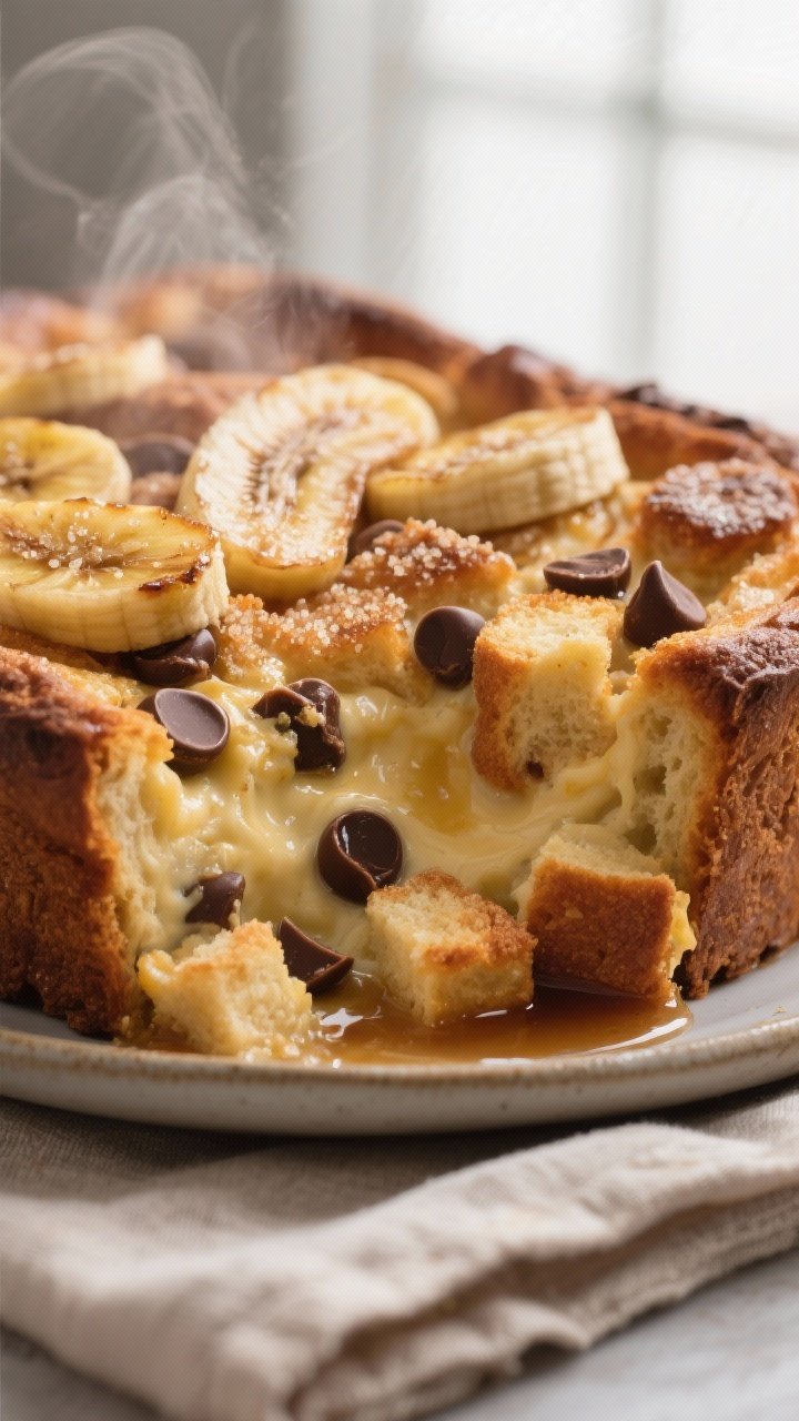 Close-up detail: A baked Banana Bread Breakfast Casserole corner scooped to reveal custardy center w