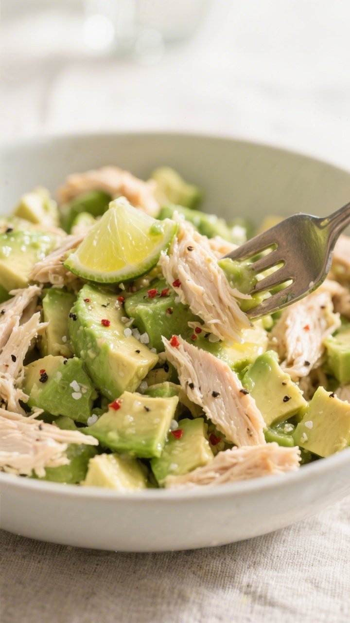 Close-up detail: A bowl of the prepared 3-Ingredient Avocado Chicken mixture mid-toss, showing chunk