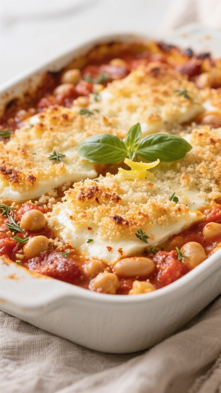Close-up detail: A bubbling Italian herb bean casserole just out of the oven, showing golden, crispe