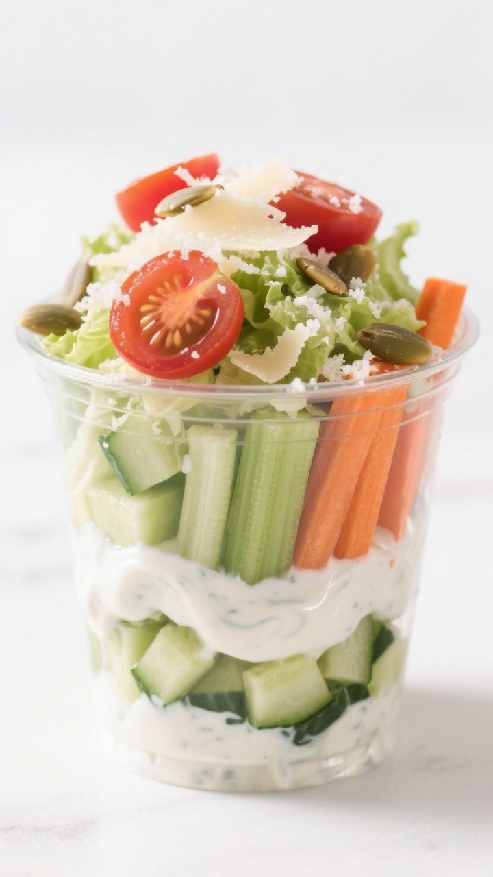 Close-up detail: A clear 10-ounce cup layered with prepared Greek Yogurt Caesar Veggie Cup ingredien