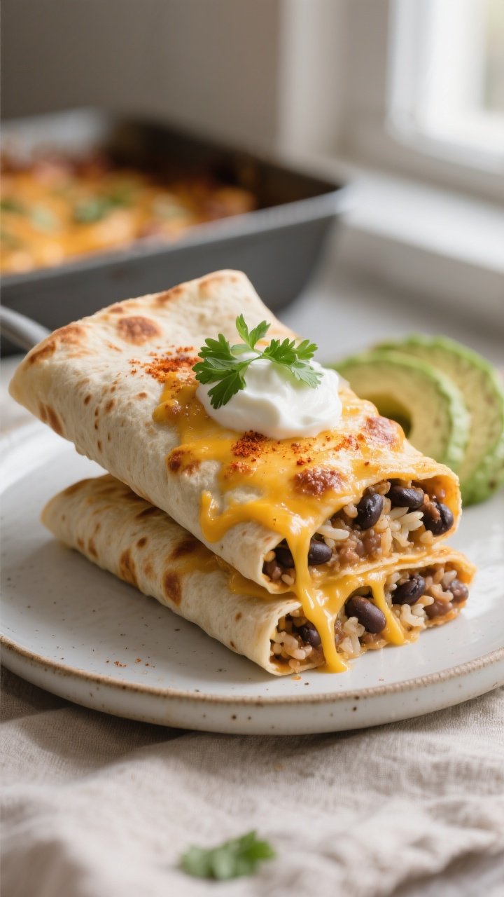 Close-up detail: A freshly baked slice of Cheesy Refried Bean & Rice Burrito Bake lifted from the pa
