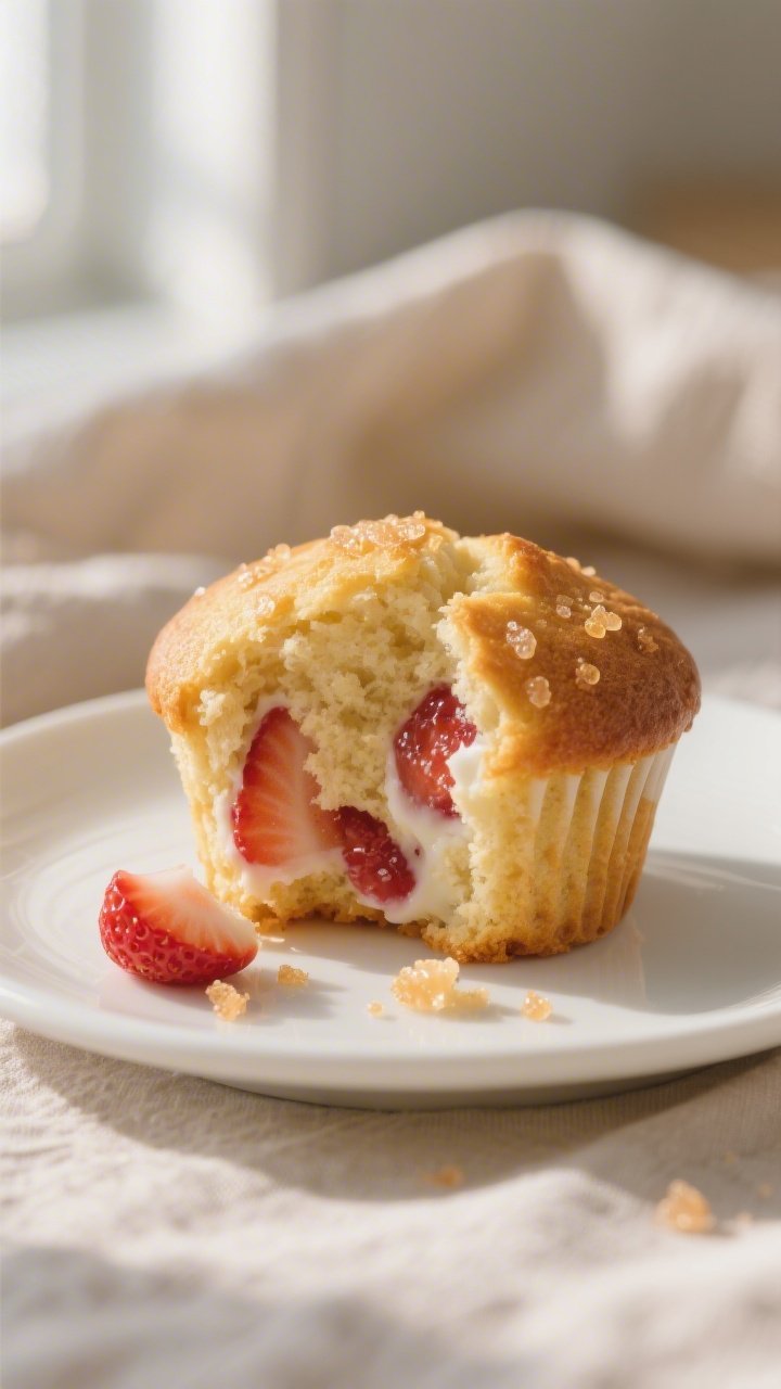 Close-up detail: A freshly baked strawberry yogurt muffin torn open to reveal a moist, tender crumb