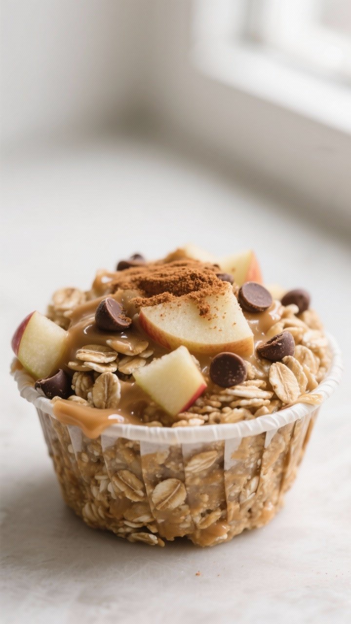 Close-up detail: A freshly chilled no-bake apple cinnamon oatmeal cup just out of its liner, tightly