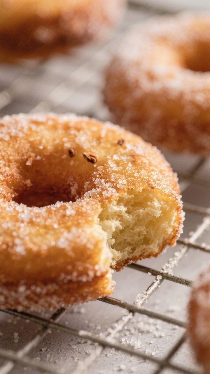 Close-up detail: A freshly fried sourdough discard buttermilk donut just rolled in granulated sugar,