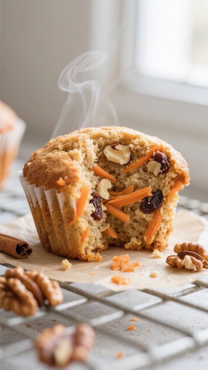 Close-up detail: A just-baked almond flour carrot cake muffin torn open to reveal a moist, tender cr