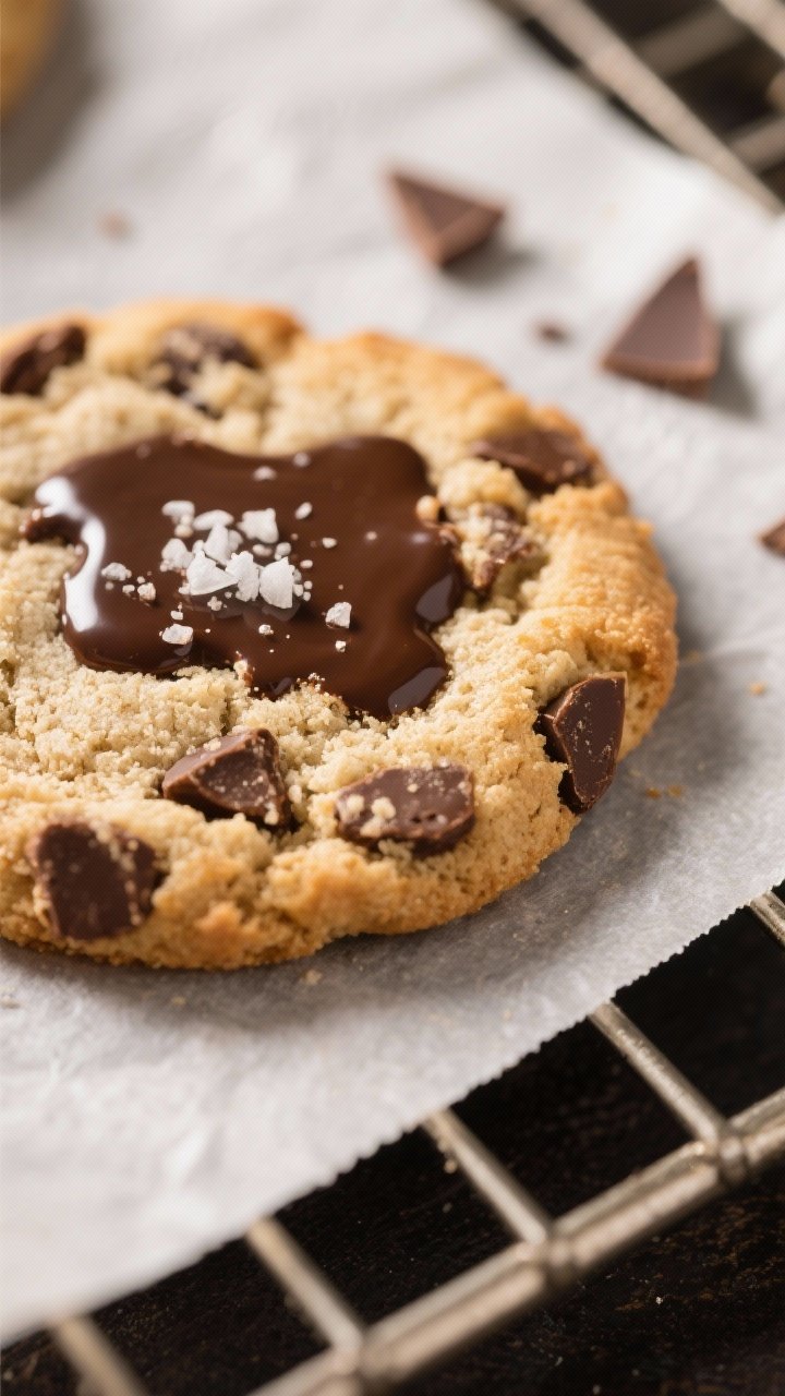 Close-up detail: a just-baked almond flour chocolate chip cookie on a cooling rack, edges lightly go