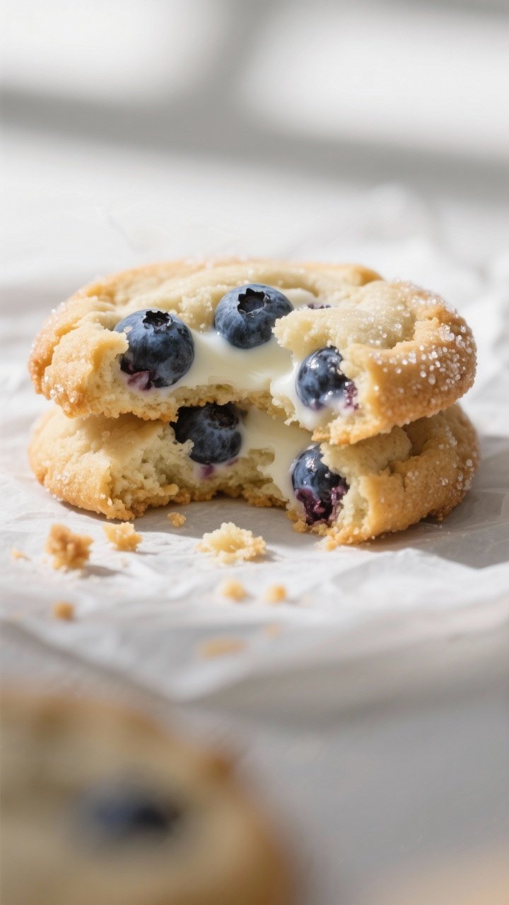 Close-up detail: A just-baked blueberry yogurt cookie torn in half to reveal a moist, tender crumb w
