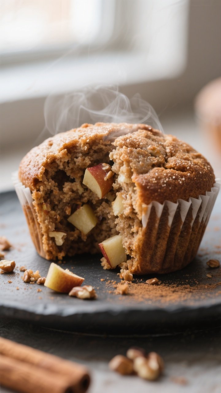 Close-up detail: A just-baked buckwheat apple cinnamon muffin torn open by invisible hands (no hands