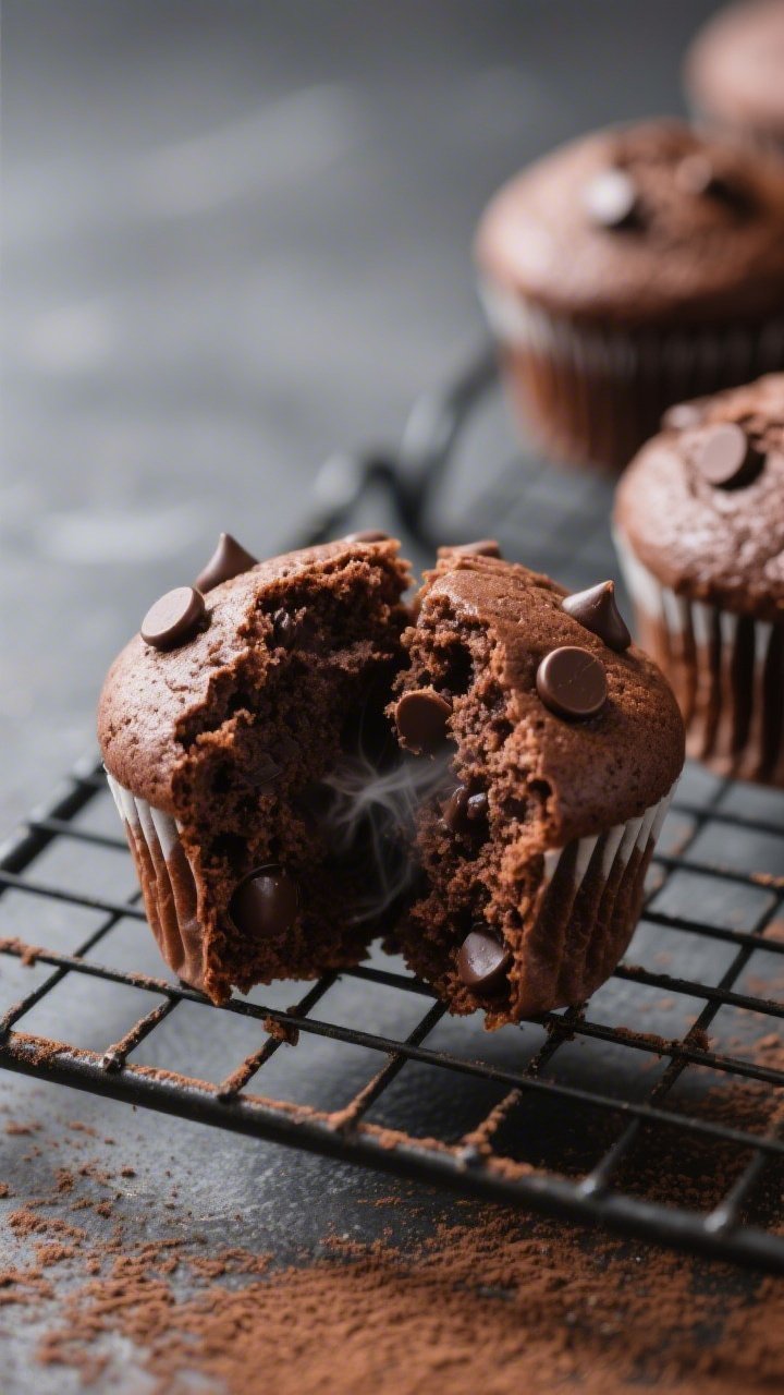 Close-up detail: A just-baked chocolate Greek yogurt cupcake torn in half to reveal a soft, cakey cr