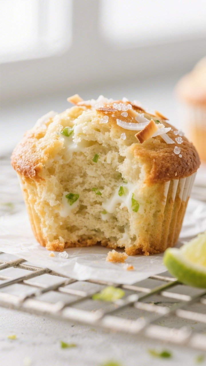 Close-up detail: A just-baked Coconut Lime Yogurt Muffin torn open to reveal its moist, tender crumb