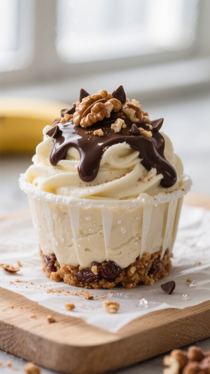 Close-up detail: A just-unmolded Banana Nice Cream Cup on a parchment-lined board, thick creamy bana