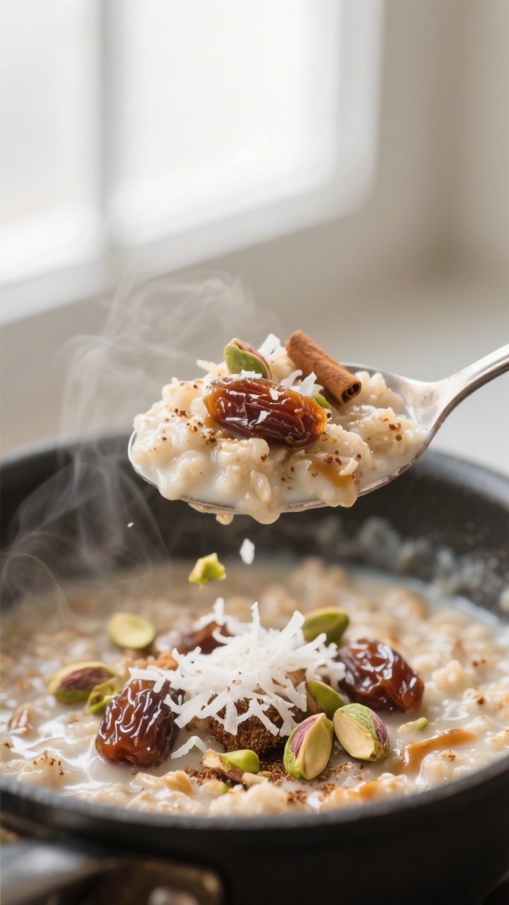Close-up detail: A spoonful of creamy coconut date pistachio oatmeal lifted from the pot, showing gl
