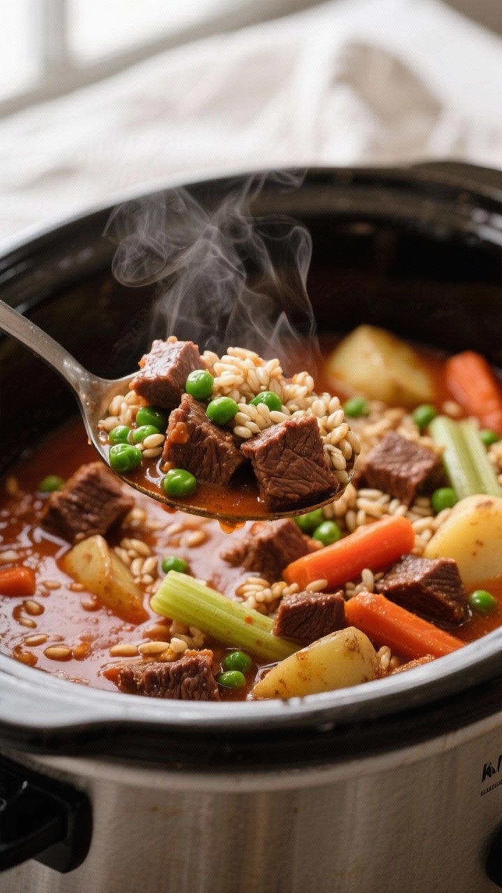 Close-up detail: A steaming ladle lifting tender, browned lean beef cubes, plump pearled barley, and