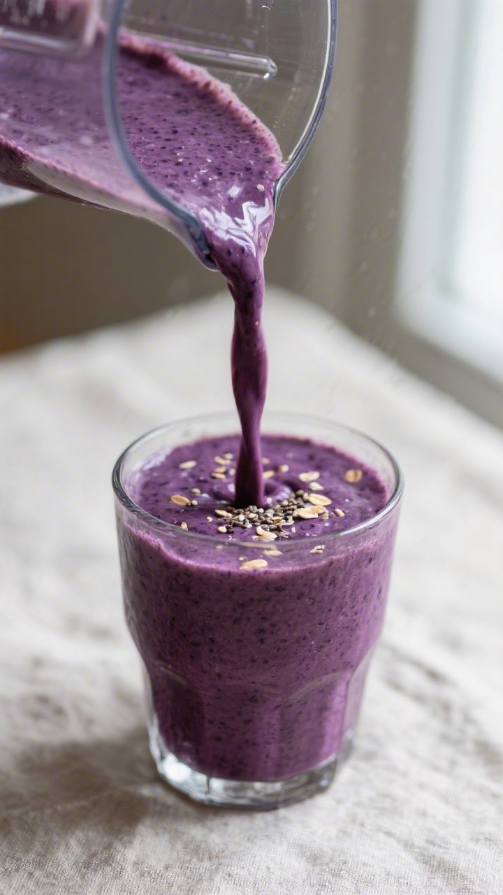 Close-up detail: A thick, blueberry-kale smoothie being poured from a blender into a clear glass, si