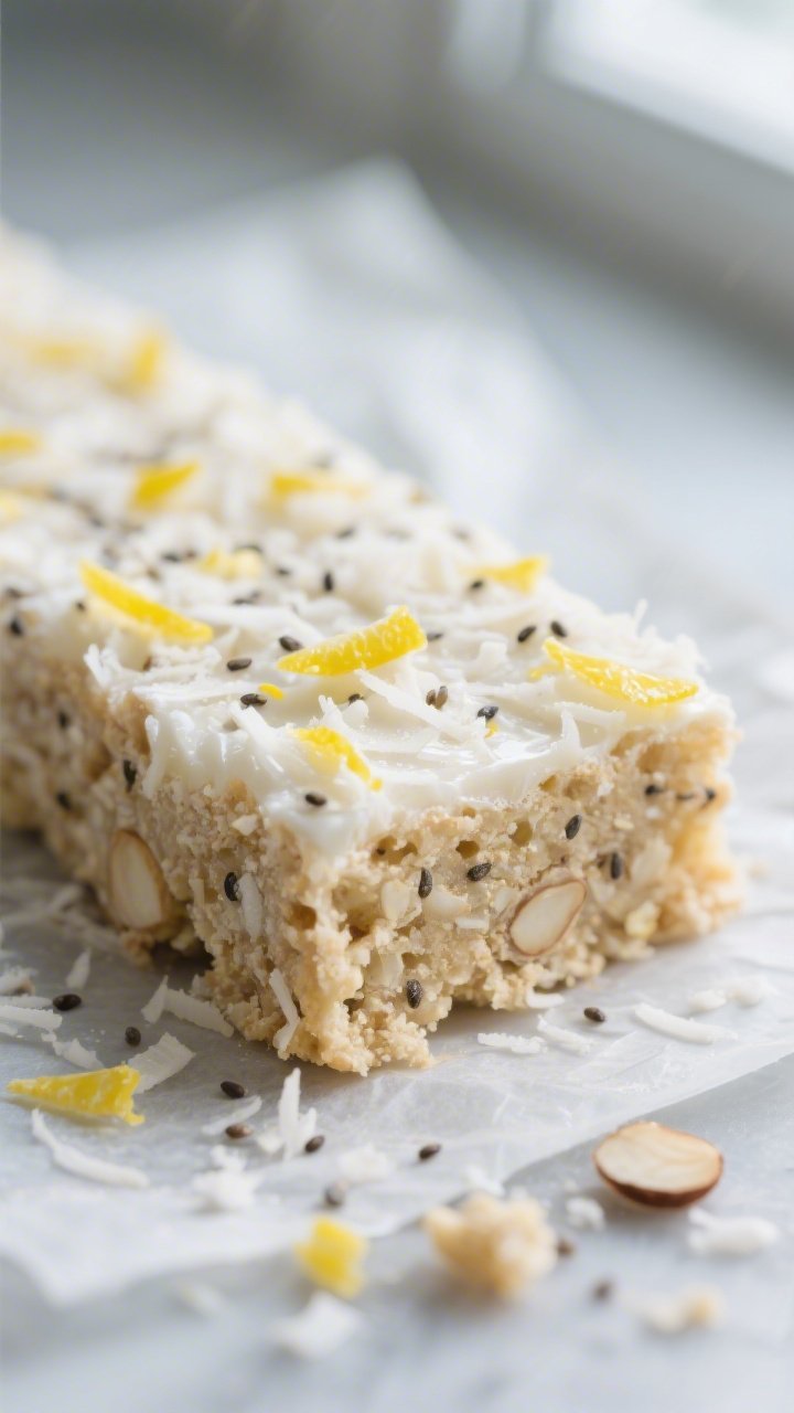 Close-up detail: A tight macro of a chilled no-bake lemon coconut bar just after slicing, showing th