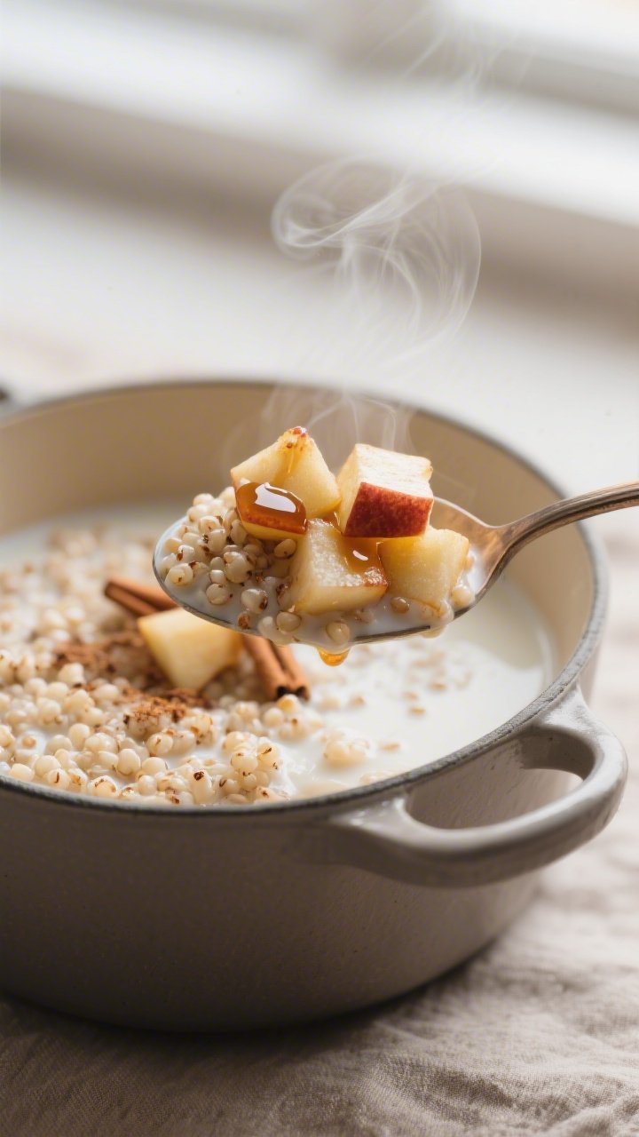 Close-up detail: A warm spoonful of creamy apple-cinnamon quinoa just scooped from the pot, fluffy q