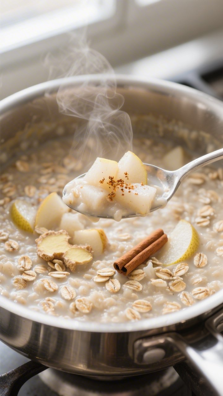 Close-up detail: Creamy pear-ginger oatmeal simmering in a stainless saucepan, diced pear softened a