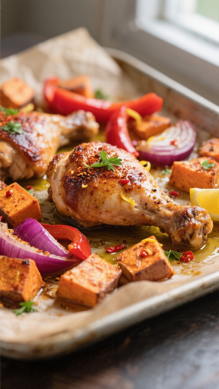 Close-up detail: Crispy-edged roasted sweet potato cubes nestled beside juicy, browned boneless chic
