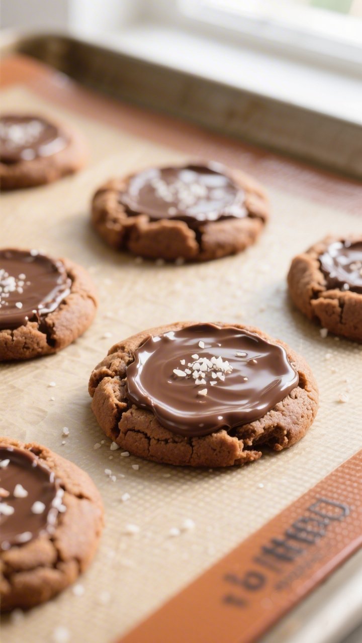 Close-up detail: Freshly baked 3-Ingredient Nutella cookies just out of the oven on a parchment-line