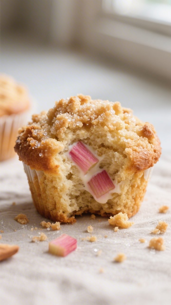 Close-up detail: Freshly baked Rhubarb Yogurt Streusel Muffin torn open to reveal moist, tender crum