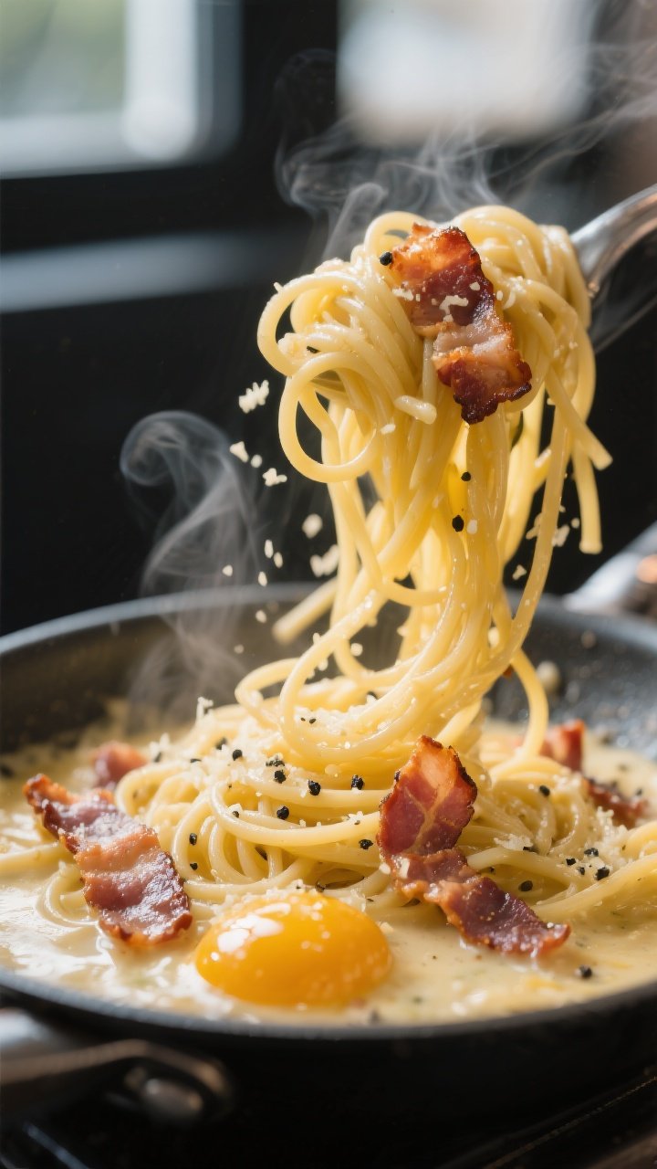 Close-up detail: Glossy spaghetti strands being tossed off-heat in a skillet with deeply crisp bacon