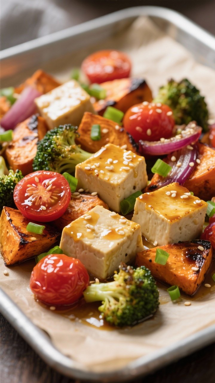 Close-up detail: Golden-edged tofu cubes nestled among roasted sweet potato, blistered cherry tomato