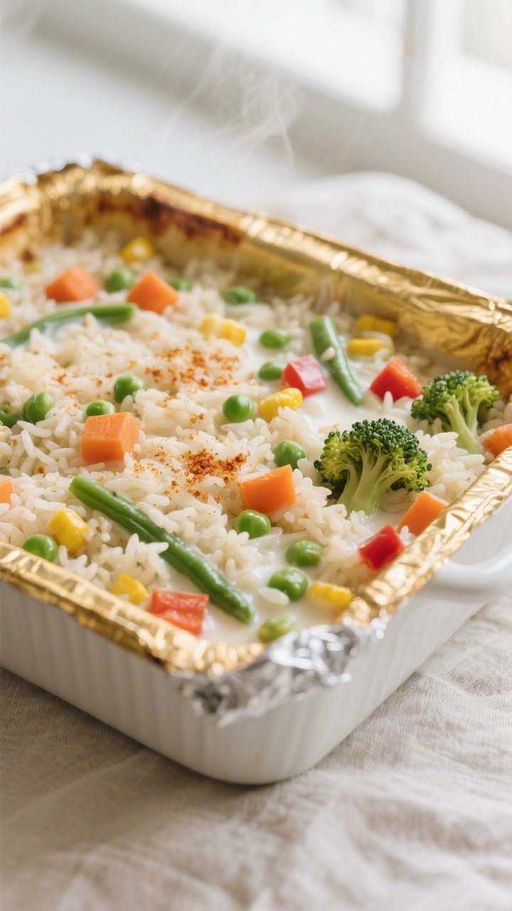 Close-up detail: Golden-edged vegan veggie rice casserole just out of the oven, foil removed, showin