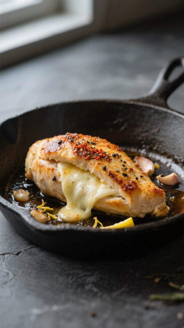 Close-up detail: Golden-seared mozzarella-stuffed chicken breast in an oven-safe skillet, cheese jus