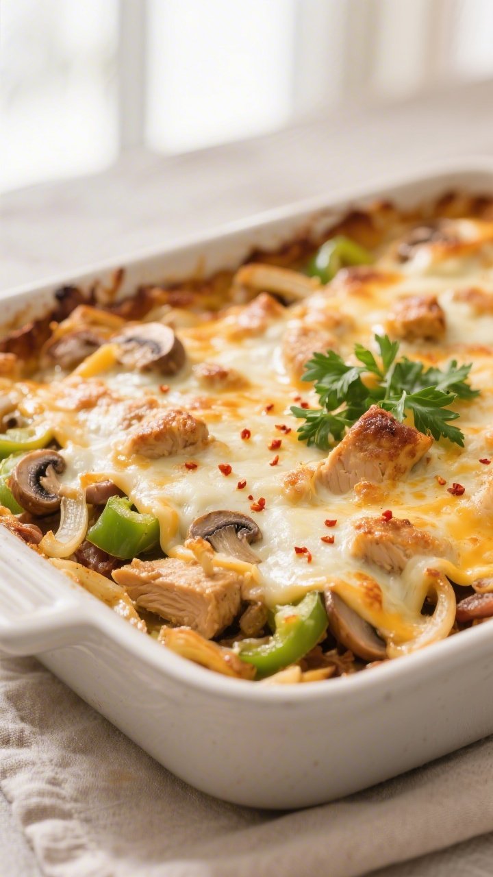 Close-up detail: Gooey, bubbling Chicken Philly Cheesesteak Casserole just out of the oven, with bli