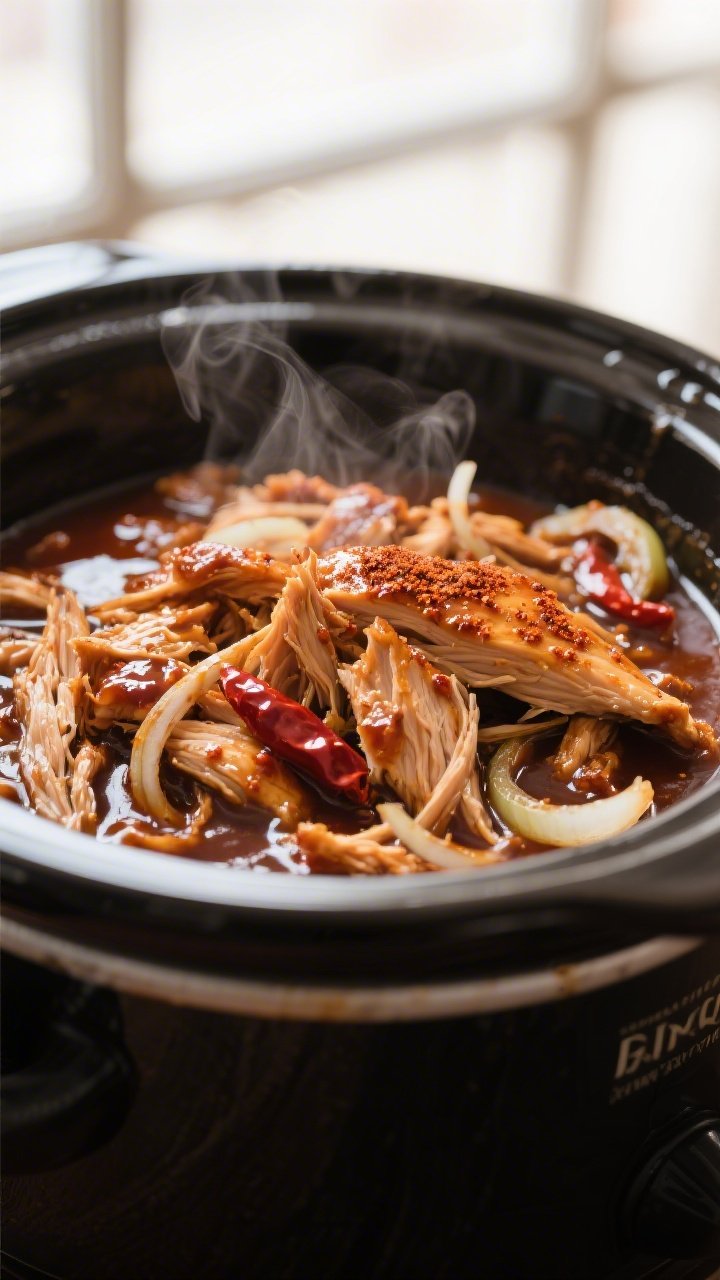 Close-up detail: Juicy shredded BBQ chicken glistening in a thick, glossy sauce inside a crockpot, s