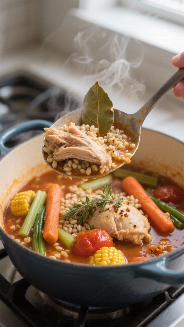 Close-up detail: Ladle lifting tender shredded chicken thigh and plump pearled barley from a simmeri