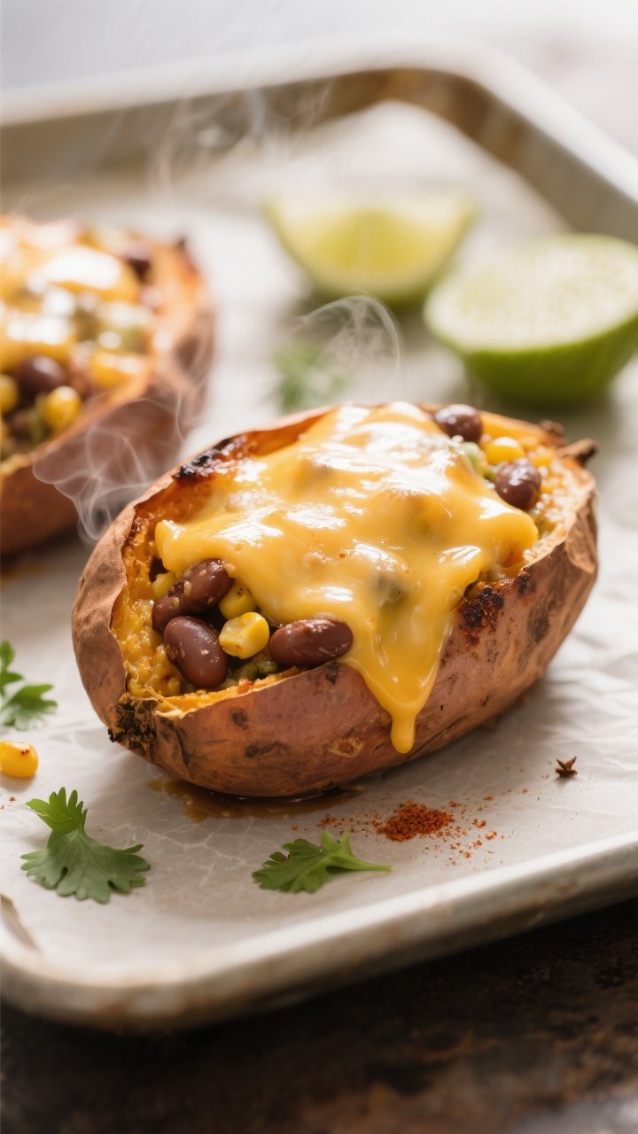 Close-up detail: Melting Monterey Jack over a stuffed sweet potato just out of the oven, cheese bubb