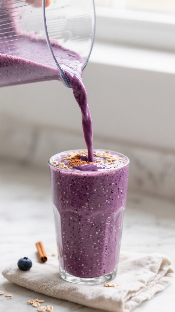 Close-up detail of a thick, creamy blueberry oat smoothie being poured from a blender into a tall ch