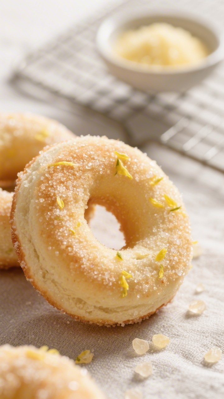 Close-up detail of freshly baked sourdough discard lemon sugar donuts just after coating: warm, pale