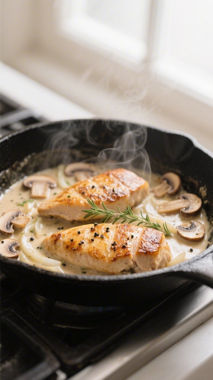 Close-up detail of the seared chicken breasts nestled in a skillet as the creamy mushroom-thyme sauc