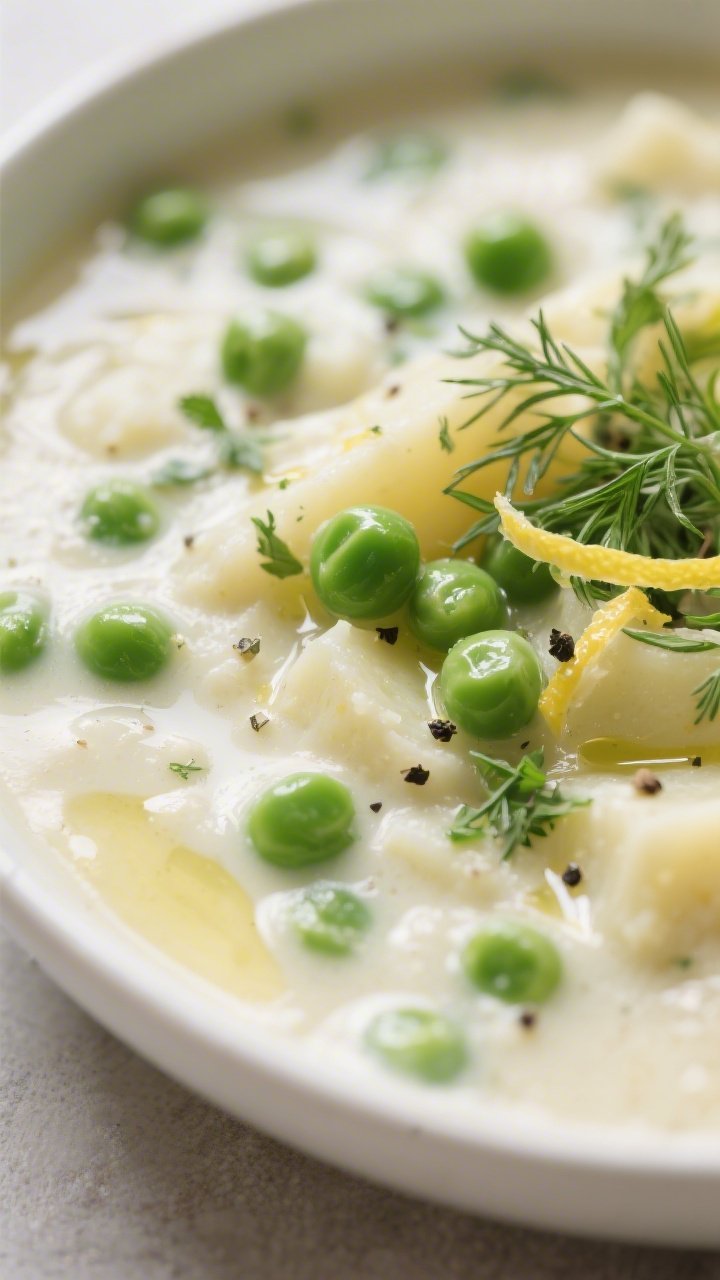 Close-up detail — Peas and herbs finish: Tight macro of the chowder just after peas and milk are a