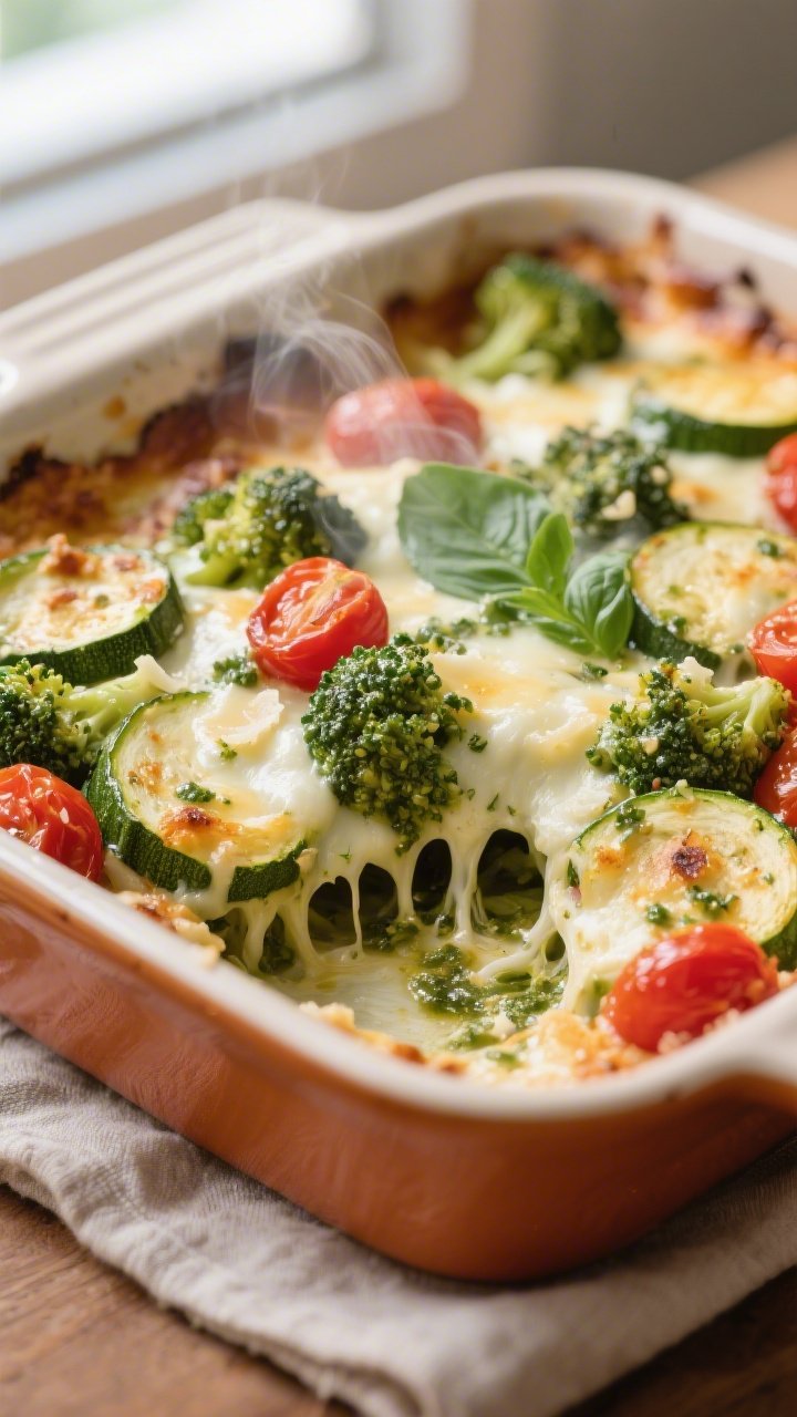 Close-up detail: Pesto veggie bake fresh from the oven with bubbling, lightly golden mozzarella and