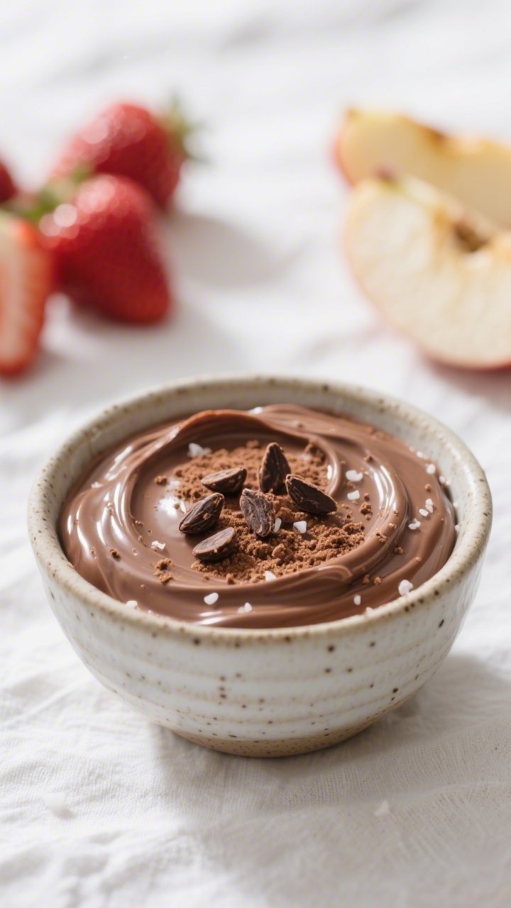 Close-up detail shot: A small ceramic bowl of creamy chocolate protein fruit dip just after mixing,