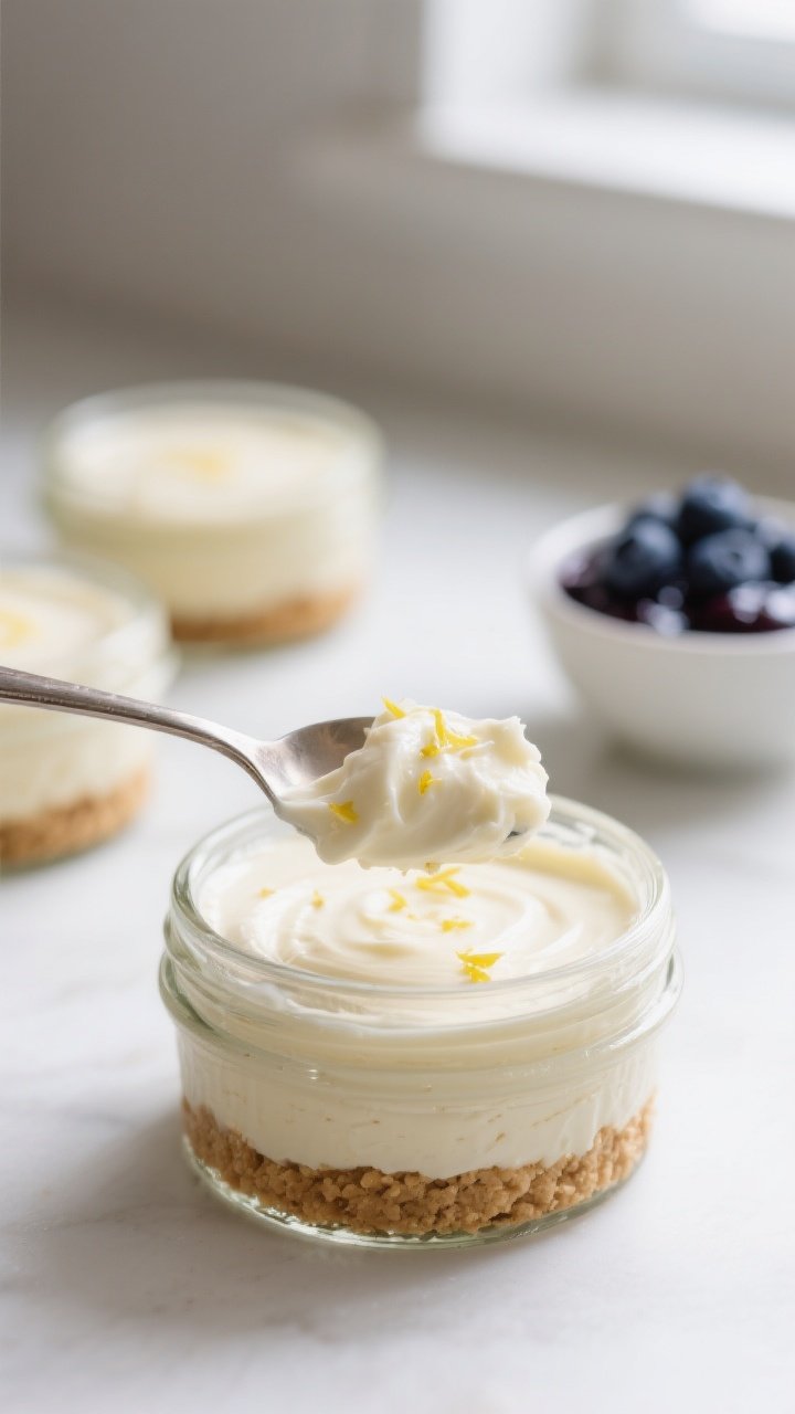 Close-up detail shot: A spoonful of no-bake cheesecake filling being gently layered over a pressed g