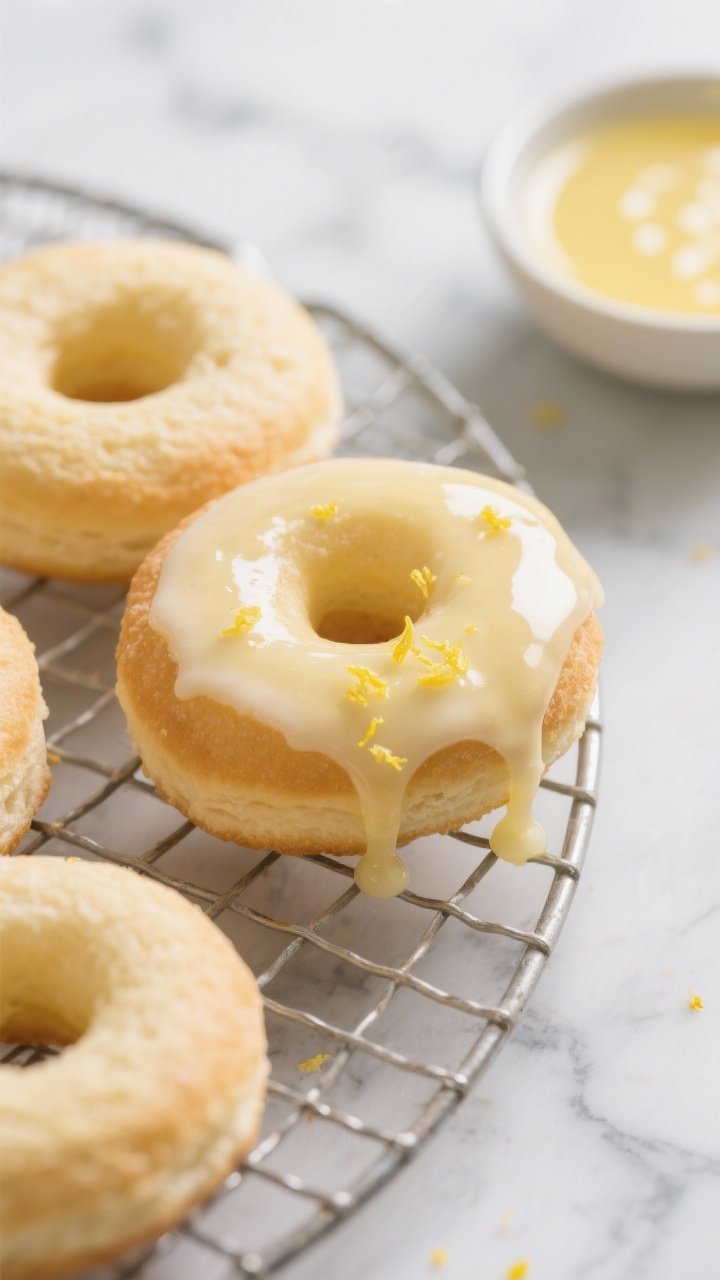 Close-up detail shot: freshly baked lemon donuts cooling on a wire rack, pale golden and evenly rise